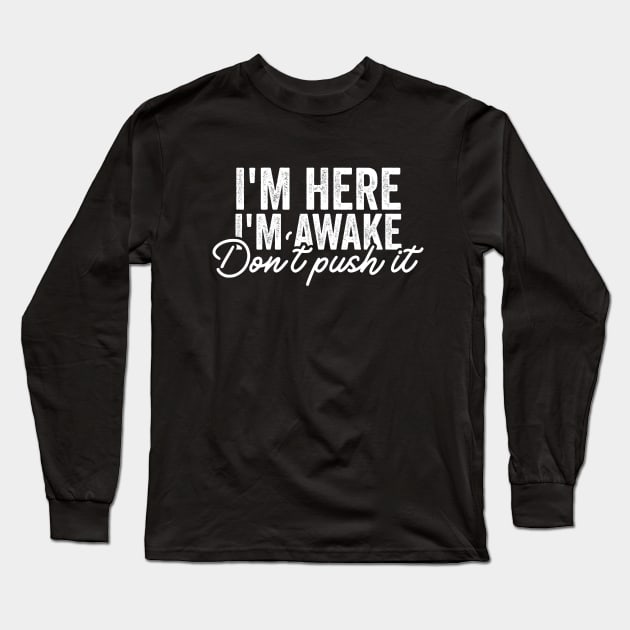 I'm Here I'm Awake Don't Push It Shirt, Funny Gamer Shirts With Sayings, Funny Birthday Tee Gift Long Sleeve T-Shirt by Justin green